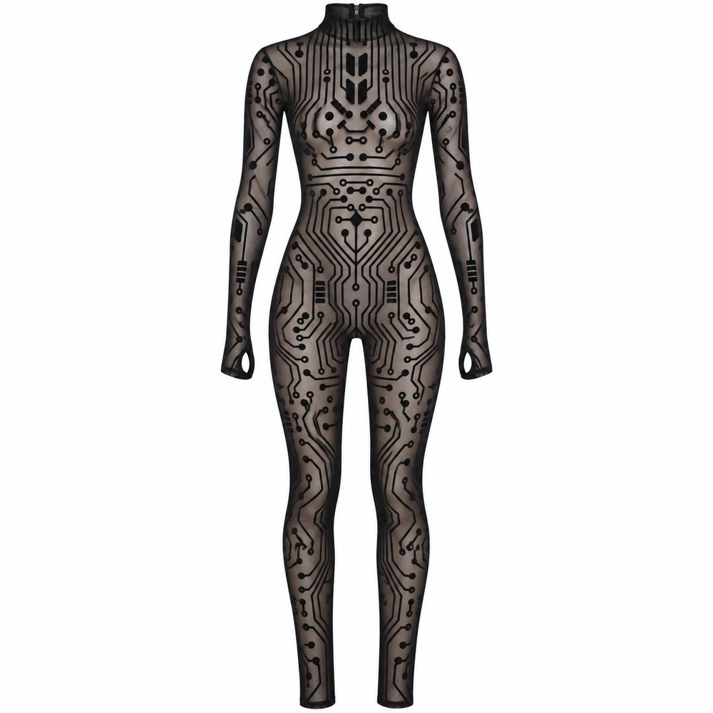 Club Exx Dolls Kill Bodysuit XS Code Black Circuit Board Jumpsuit Rave Sheer NEW